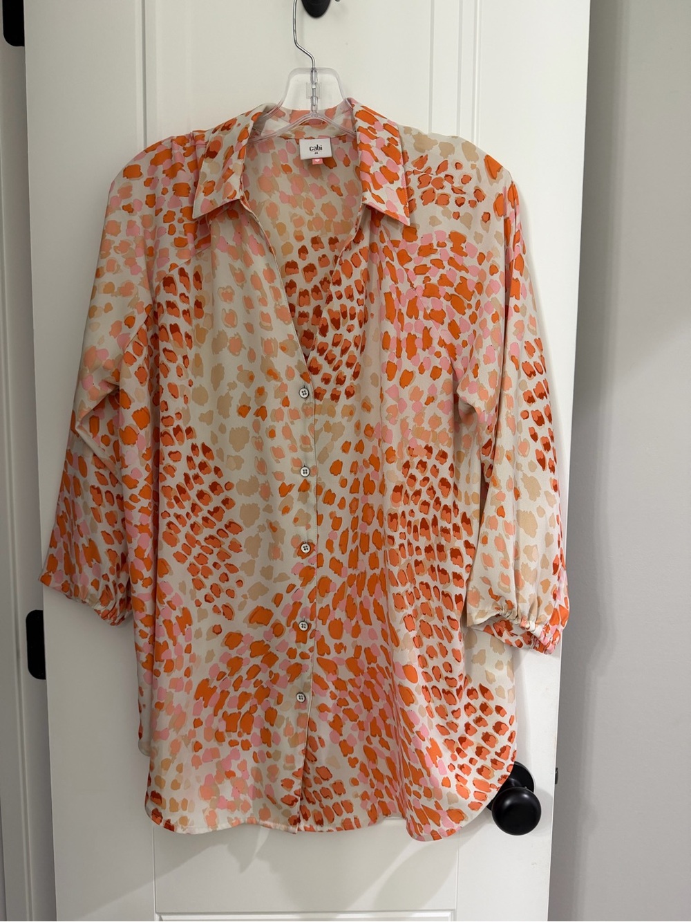 CAbi Orange and Pink Printed Button-Down Blouse